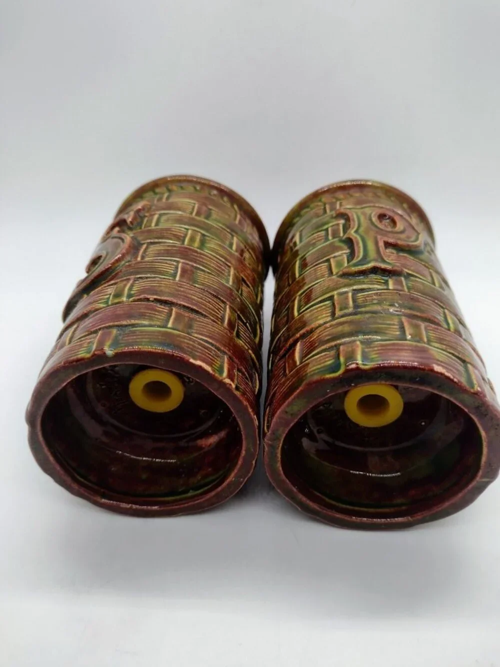 Vintage MCM Basket Weave Ceramic Stove Top Salt Pepper Shakers Flowers 60s Brown